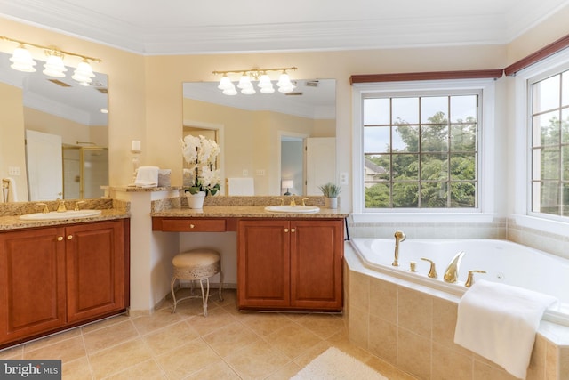 710 Crisfield Way, Annapolis, MD 21401 - full bathroom featuring a stall shower, a garden tub, ornamental molding, two vanities, and tile patterned floors