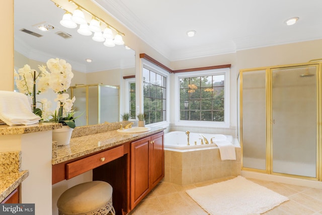 710 Crisfield Way, Annapolis, MD 21401 - bathroom featuring vanity, tile patterned floors, a stall shower, a bath, and ornamental molding