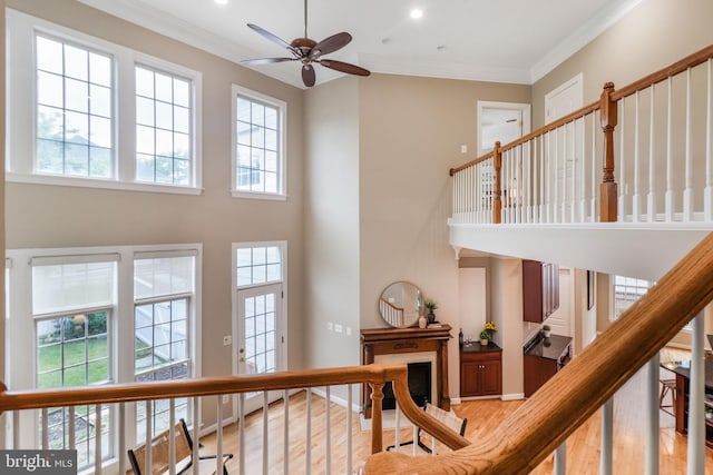 710 Crisfield Way, Annapolis, MD 21401 - stairway featuring wood finished floors, a towering ceiling, a ceiling fan, ornamental molding, and recessed lighting