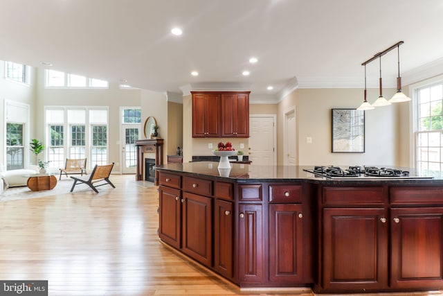 710 Crisfield Way, Annapolis, MD 21401 - kitchen with dark brown cabinets, crown molding, stainless steel gas stovetop, a fireplace, and light wood-type flooring