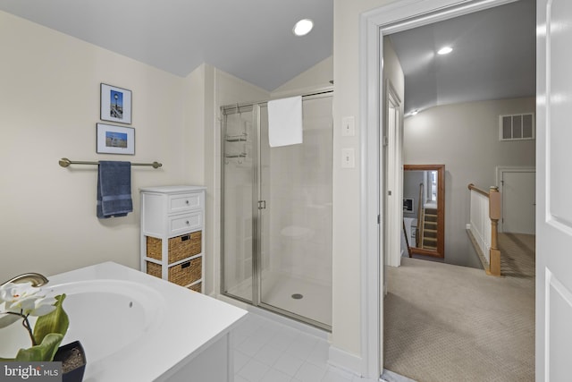 37546 Bella Via Way, Ocean View, DE 19970 - full bath with a stall shower, vanity, recessed lighting, tile patterned floors, and lofted ceiling