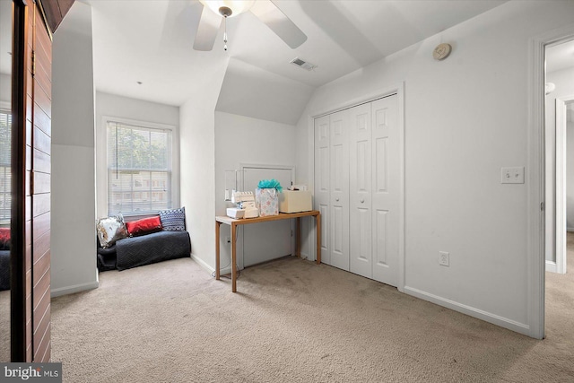 425 Lindenhurst Ct, Salisbury, MD 21804 - bedroom featuring carpet, a closet, baseboards, vaulted ceiling, and ceiling fan