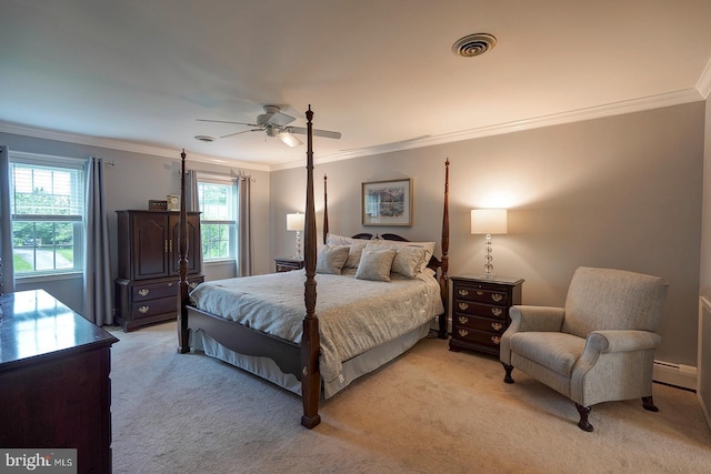 12 Meadow Woods Ln, West Grove, PA 19390 - bedroom featuring light colored carpet, multiple windows, crown molding, a ceiling fan, and a baseboard heating unit