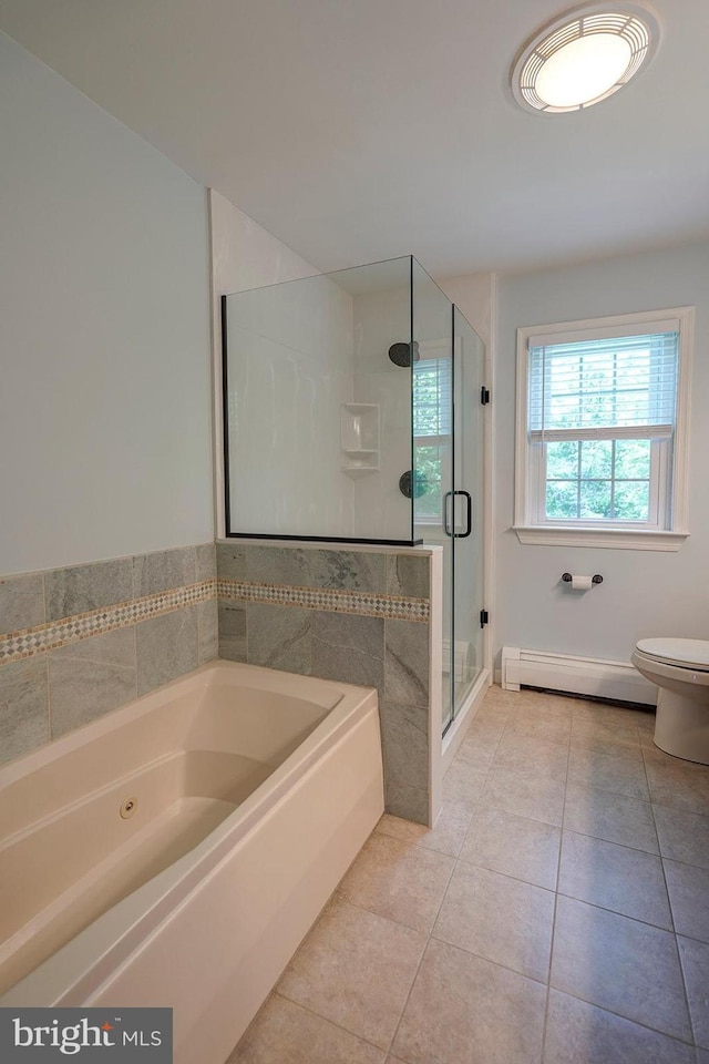 12 Meadow Woods Ln, West Grove, PA 19390 - bathroom featuring baseboard heating, a garden tub, a stall shower, tile patterned flooring, and toilet
