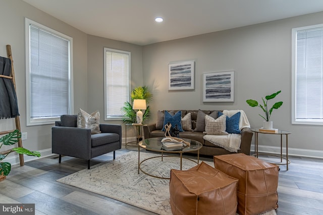 living area featuring recessed lighting, baseboards, wood finished floors, and healthy amount of natural light