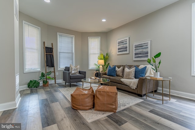 living room featuring baseboards, wood finished floors, and recessed lighting