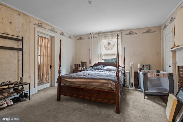 bedroom featuring light carpet and crown molding