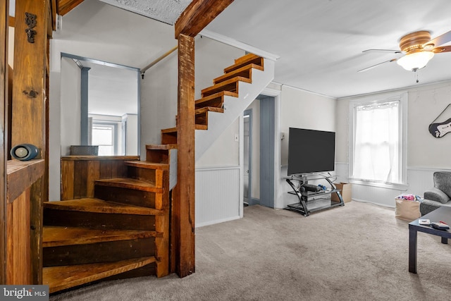 stairway with a wainscoted wall, carpet, and ceiling fan