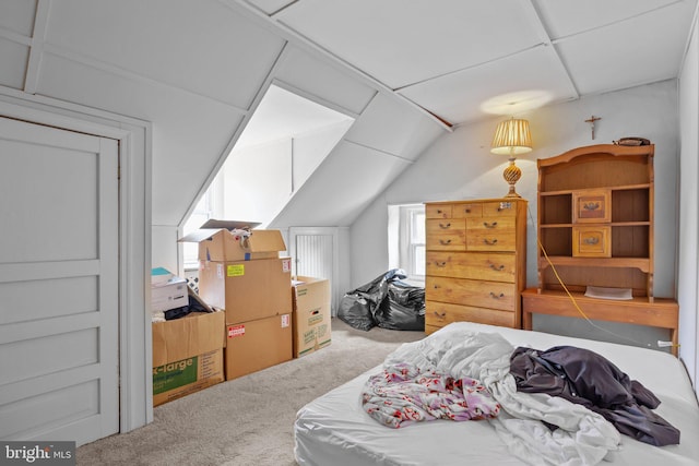 bedroom with carpet floors and vaulted ceiling