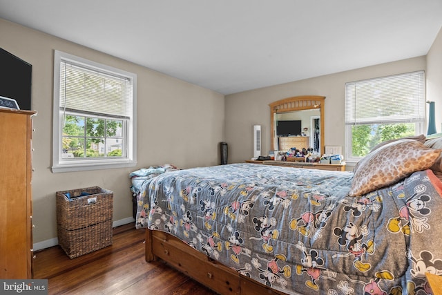 bedroom with hardwood / wood-style floors, multiple windows, and baseboards