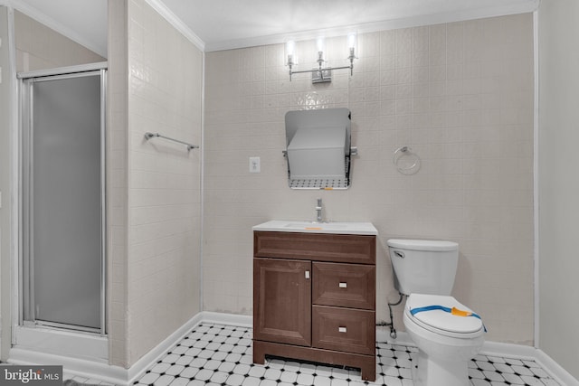 29823 Hillview Dr, Mechanicsville, MD 20659 - full bathroom with crown molding, a stall shower, toilet, tile patterned floors, and vanity