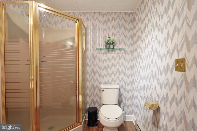 14600 Barton Blvd SW, Cresaptown, MD 21502 - full bath featuring wallpapered walls, toilet, wood finished floors, a stall shower, and baseboards