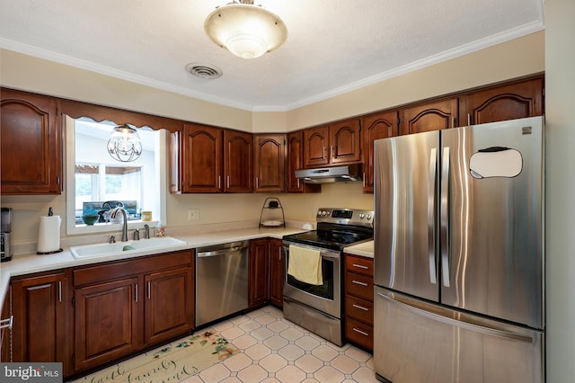 14600 Barton Blvd SW, Cresaptown, MD 21502 - kitchen featuring stainless steel appliances, a sink, under cabinet range hood, light countertops, and crown molding