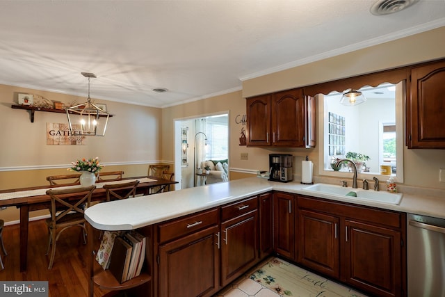 14600 Barton Blvd SW, Cresaptown, MD 21502 - kitchen with a sink, stainless steel dishwasher, light countertops, a peninsula, and open shelves