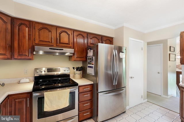 14600 Barton Blvd SW, Cresaptown, MD 21502 - kitchen with appliances with stainless steel finishes, under cabinet range hood, light countertops, ornamental molding, and light flooring