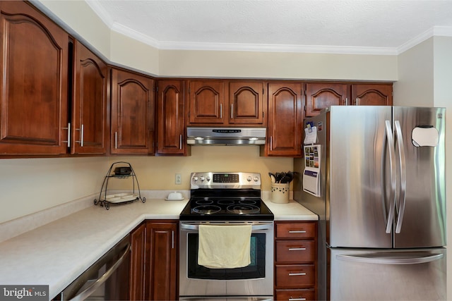 14600 Barton Blvd SW, Cresaptown, MD 21502 - kitchen with appliances with stainless steel finishes, under cabinet range hood, light countertops, and ornamental molding