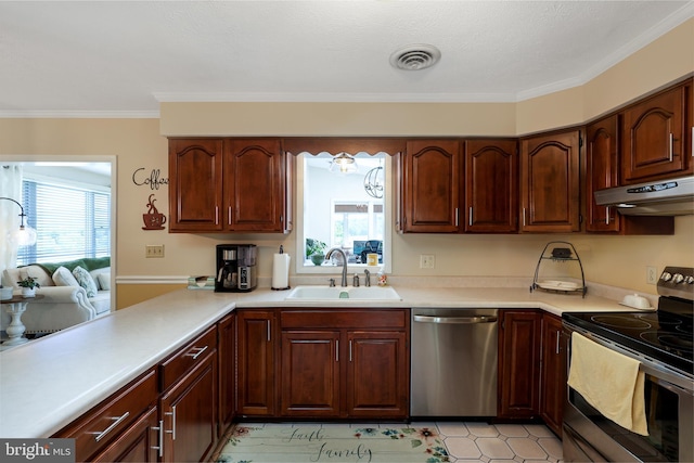 14600 Barton Blvd SW, Cresaptown, MD 21502 - kitchen with stainless steel appliances, a sink, under cabinet range hood, light countertops, and crown molding