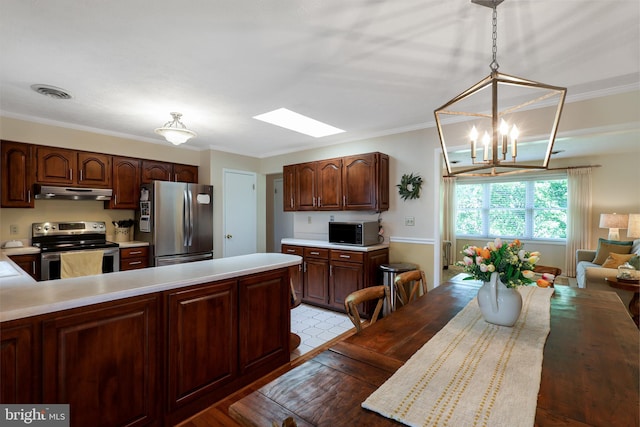 14600 Barton Blvd SW, Cresaptown, MD 21502 - kitchen with appliances with stainless steel finishes, under cabinet range hood, light countertops, crown molding, and a chandelier