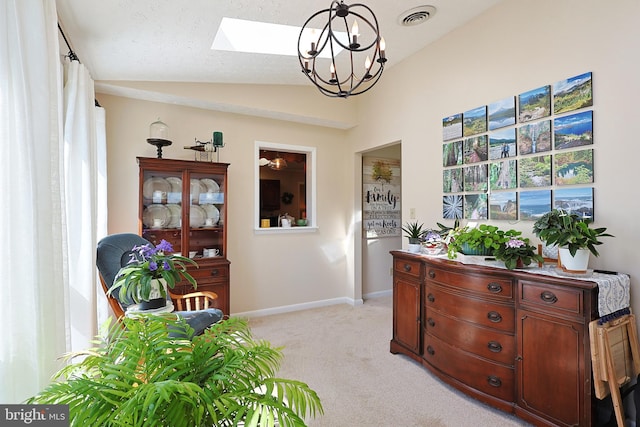 14600 Barton Blvd SW, Cresaptown, MD 21502 - living area featuring a skylight, light colored carpet, a chandelier, lofted ceiling, and baseboards