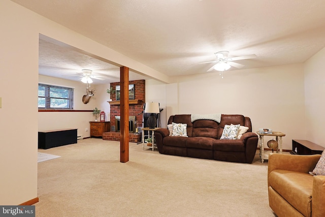 14600 Barton Blvd SW, Cresaptown, MD 21502 - carpeted living room featuring a ceiling fan, a textured ceiling, and a brick fireplace