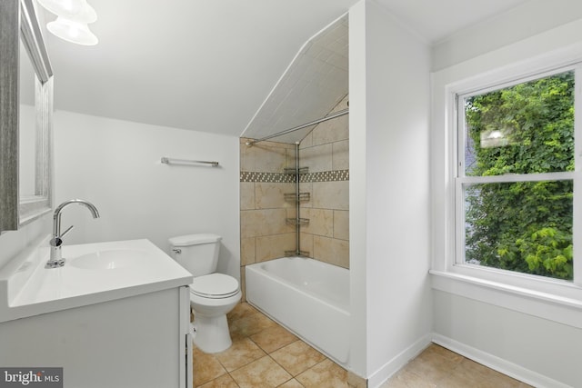 1208 Larchmont Ave, Capitol Heights, MD 20743 - full bathroom featuring vanity, toilet, shower / bathtub combination, plenty of natural light, and lofted ceiling