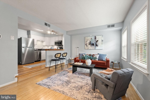 122 N Bedford St Unit A, Arlington, VA 22201 - living room featuring light wood-style floors, a textured ceiling, baseboards, and track lighting
