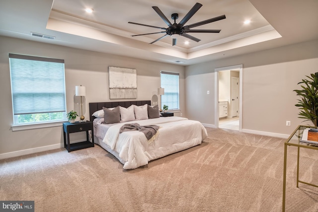 3163 Dodder Way, Odenton, MD 21113 - bedroom featuring a tray ceiling, light carpet, baseboards, multiple windows, and recessed lighting