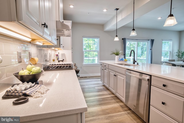 3163 Dodder Way, Odenton, MD 21113 - kitchen with dishwasher, under cabinet range hood, a sink, light wood-type flooring, and backsplash