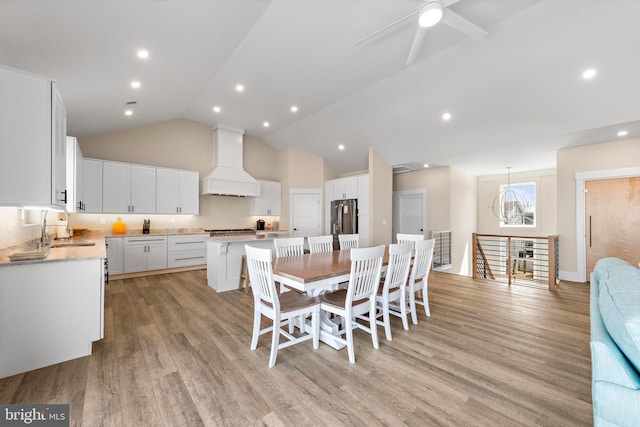 31 Phyllis Ln, Manahawkin, NJ 08050 - dining room featuring light wood-style floors, a ceiling fan, high vaulted ceiling, and recessed lighting