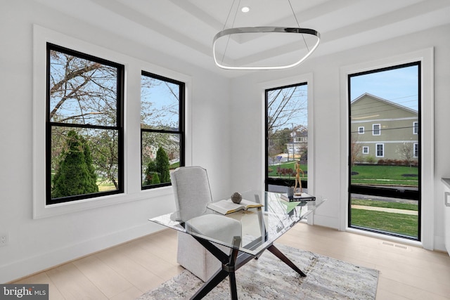 office area featuring a raised ceiling and wood finished floors