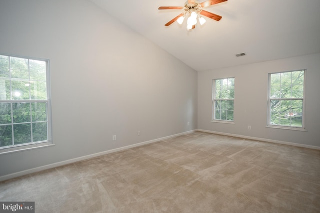13076 Dove Tree Ct, Manassas, VA 20112 - unfurnished room featuring light colored carpet, baseboards, ceiling fan, and high vaulted ceiling