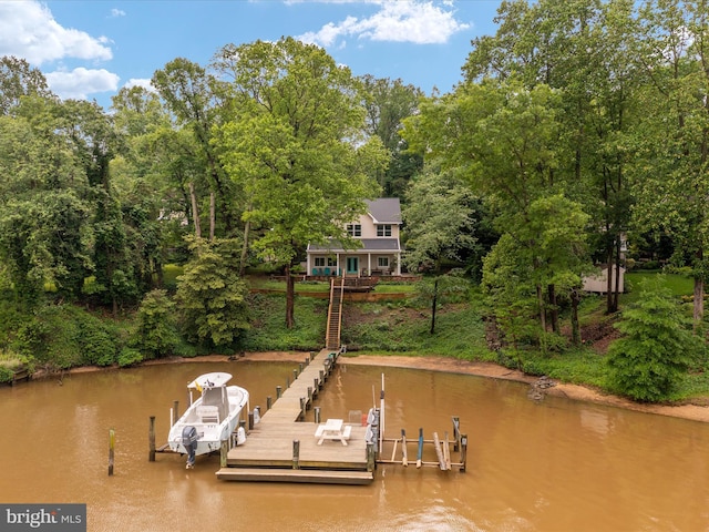 1018 Plum Creek Dr, Crownsville, MD 21032 - dock area with a water view, stairway, boat lift, and view of wooded area