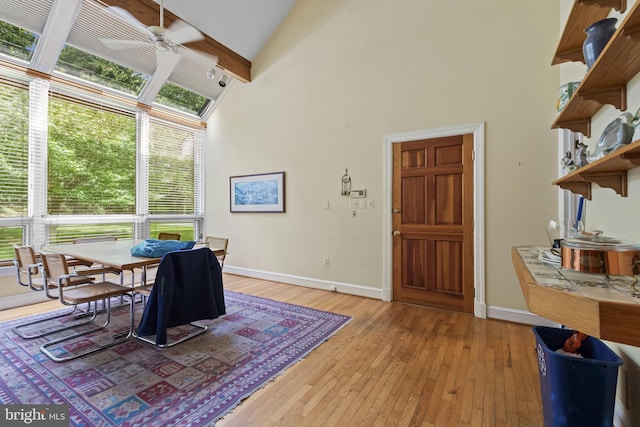 2 Fieldspring Ct, Lutherville Timonium, MD 21093 - dining area featuring high vaulted ceiling, beam ceiling, light wood-type flooring, baseboards, and a ceiling fan