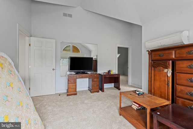 2 Fieldspring Ct, Lutherville Timonium, MD 21093 - living room featuring an AC wall unit, light colored carpet, and high vaulted ceiling