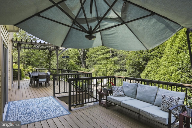 1016 Bellview Rd, Mclean, VA 22102 - wooden deck featuring an outdoor living space, outdoor dining area, and a pergola