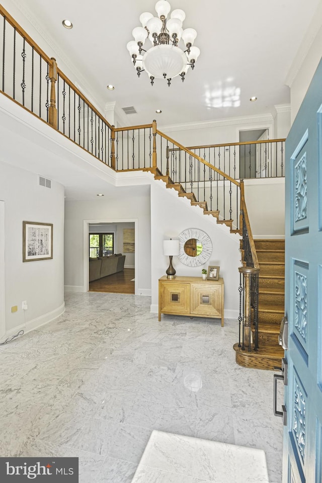 1016 Bellview Rd, Mclean, VA 22102 - living room with a chandelier, ornamental molding, stairway, recessed lighting, and marble tiled floors