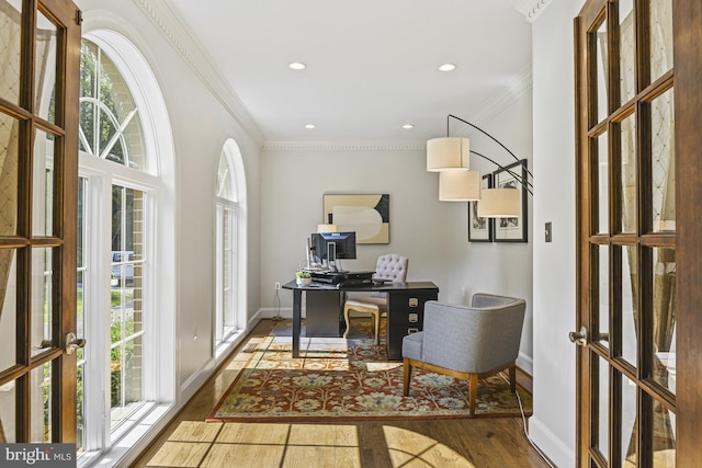 1016 Bellview Rd, Mclean, VA 22102 - home office with ornamental molding, french doors, wood finished floors, and recessed lighting