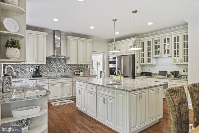 1016 Bellview Rd, Mclean, VA 22102 - kitchen with open shelves, wall chimney exhaust hood, appliances with stainless steel finishes, a center island with sink, and tasteful backsplash
