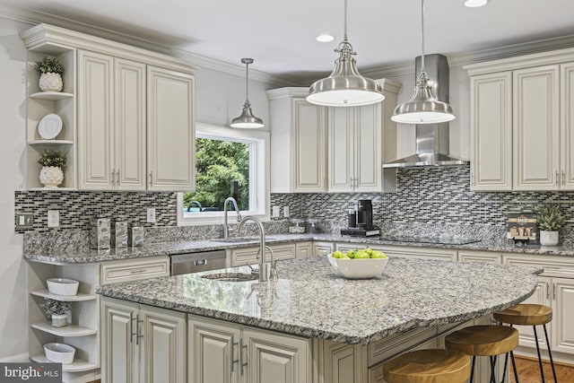 1016 Bellview Rd, Mclean, VA 22102 - kitchen with open shelves, black electric cooktop, tasteful backsplash, an island with sink, and decorative light fixtures