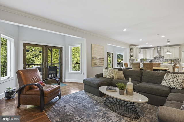 1016 Bellview Rd, Mclean, VA 22102 - living area featuring dark wood-style floors, french doors, ornamental molding, and recessed lighting