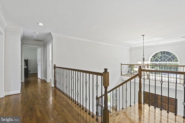 1016 Bellview Rd, Mclean, VA 22102 - hall with a chandelier, crown molding, an upstairs landing, wood finished floors, and recessed lighting