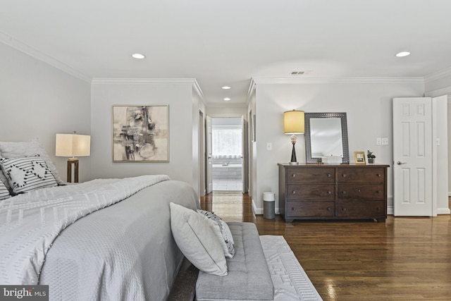 1016 Bellview Rd, Mclean, VA 22102 - bedroom with wood finished floors, ornamental molding, recessed lighting, and ensuite bathroom