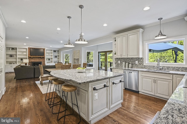 1016 Bellview Rd, Mclean, VA 22102 - kitchen featuring dishwasher, a fireplace, crown molding, open floor plan, and recessed lighting