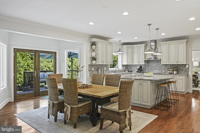 1016 Bellview Rd, Mclean, VA 22102 - dining area featuring crown molding, french doors, dark wood-style floors, and recessed lighting