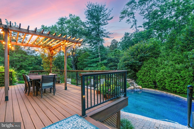 1016 Bellview Rd, Mclean, VA 22102 - wooden terrace featuring a pergola, an outdoor pool, and outdoor dining space