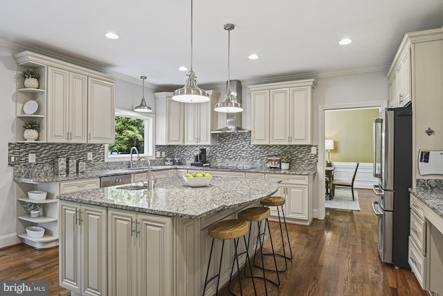1016 Bellview Rd, Mclean, VA 22102 - kitchen featuring open shelves, wall chimney exhaust hood, stainless steel appliances, an island with sink, and decorative backsplash