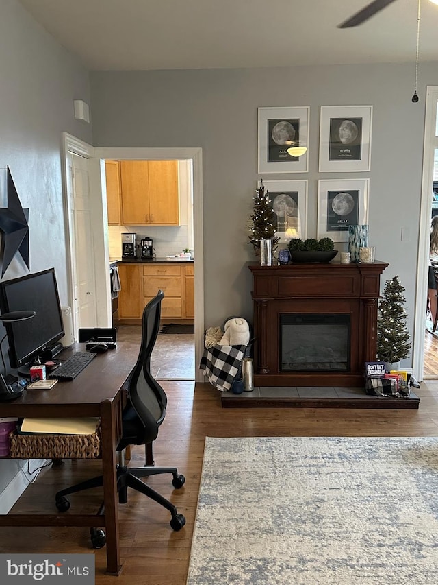 313 E Cherry St, Palmyra, PA 17078 - office space featuring wood finished floors, a fireplace, and ceiling fan