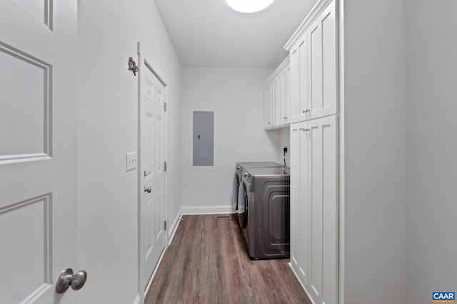 6169 Community House Rd, Columbia, VA 23038 - clothes washing area with separate washer and dryer, electric panel, baseboards, dark wood-style flooring, and cabinet space