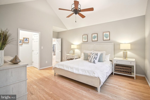 34637 Megan Ct, Lewes, DE 19958 - bedroom with wood finished floors, high vaulted ceiling, baseboards, and a ceiling fan