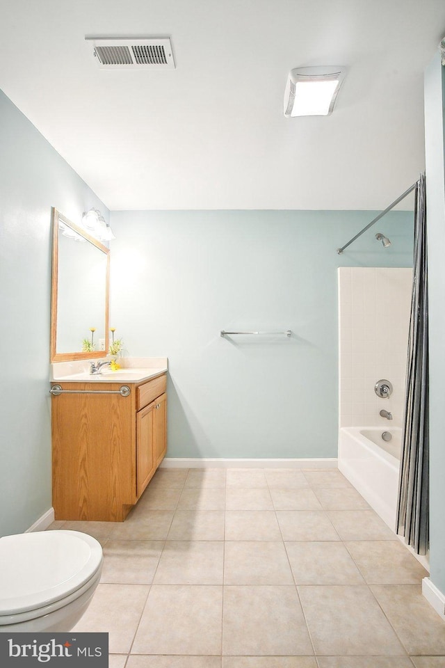34637 Megan Ct, Lewes, DE 19958 - full bathroom featuring toilet, vanity, shower / bath combination with curtain, tile patterned flooring, and baseboards